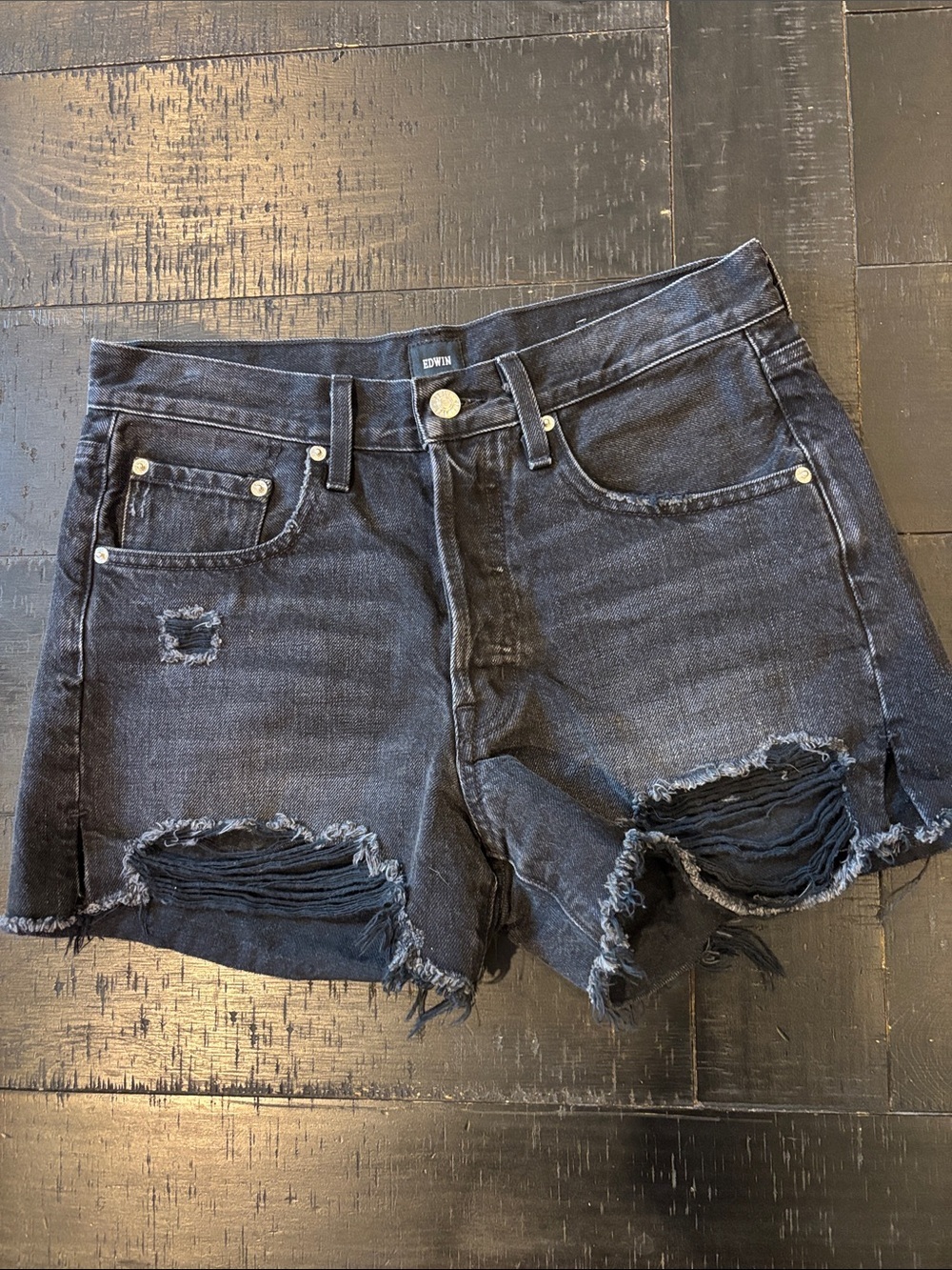 Edwin Cai Cut Off Black Distressed High-Rise Jean Denim Shorts Size 27 USA